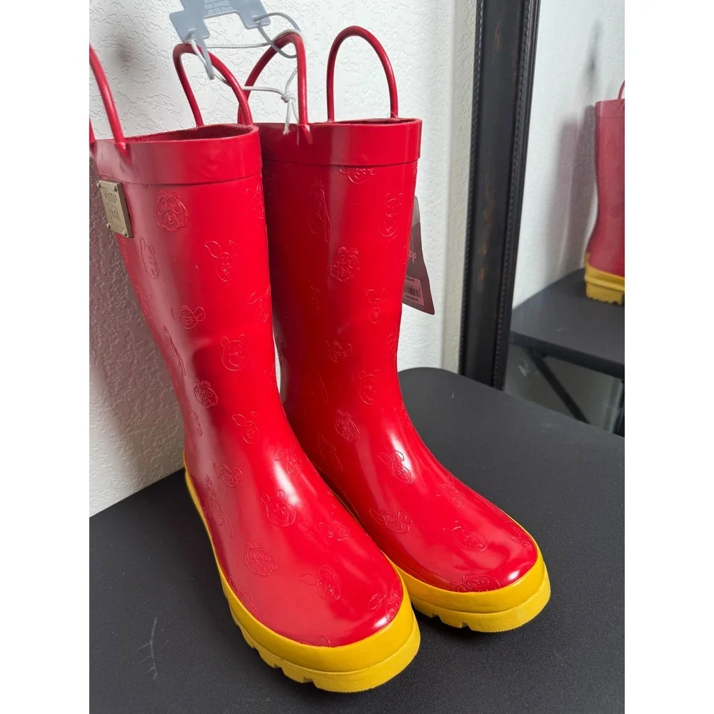 Disney Winnie the Pooh Rain Boots Womens 7 Red Yellow Embossed Character New